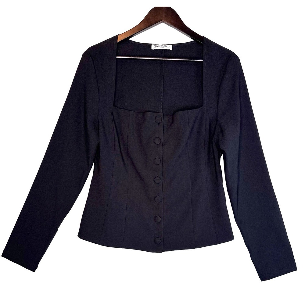 Princess Polly Square Neck Button Front Jacket Top Black Size 10 Witchy Goth